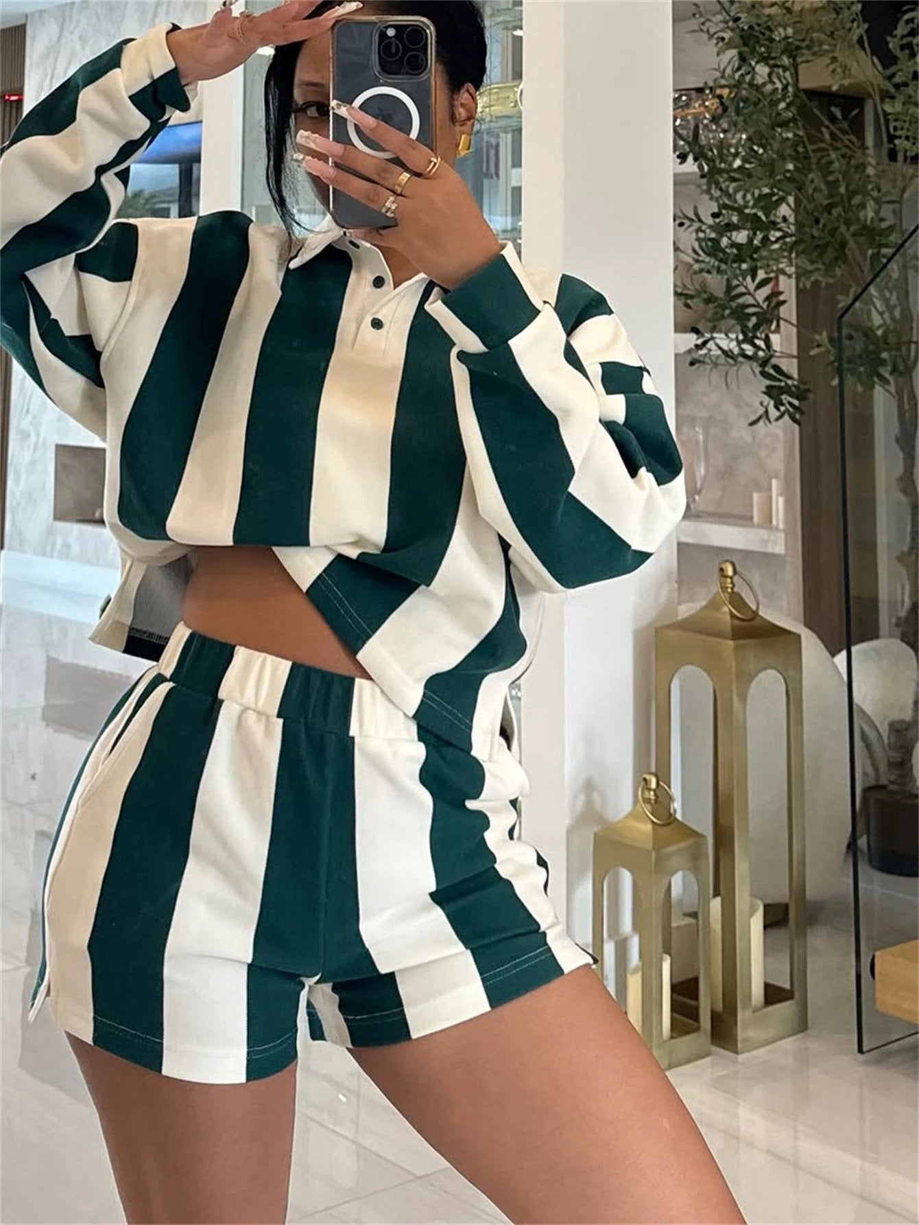 Womens Stylish Striped Printed Long-Sleeve Top And Shorts Set by GJG Denim