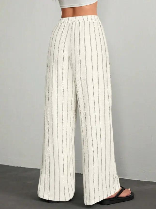Textured Striped Wide-Leg Pants For Women, Elastic Waist Drawstring Casual Floor-Length Pants by GJG Denim