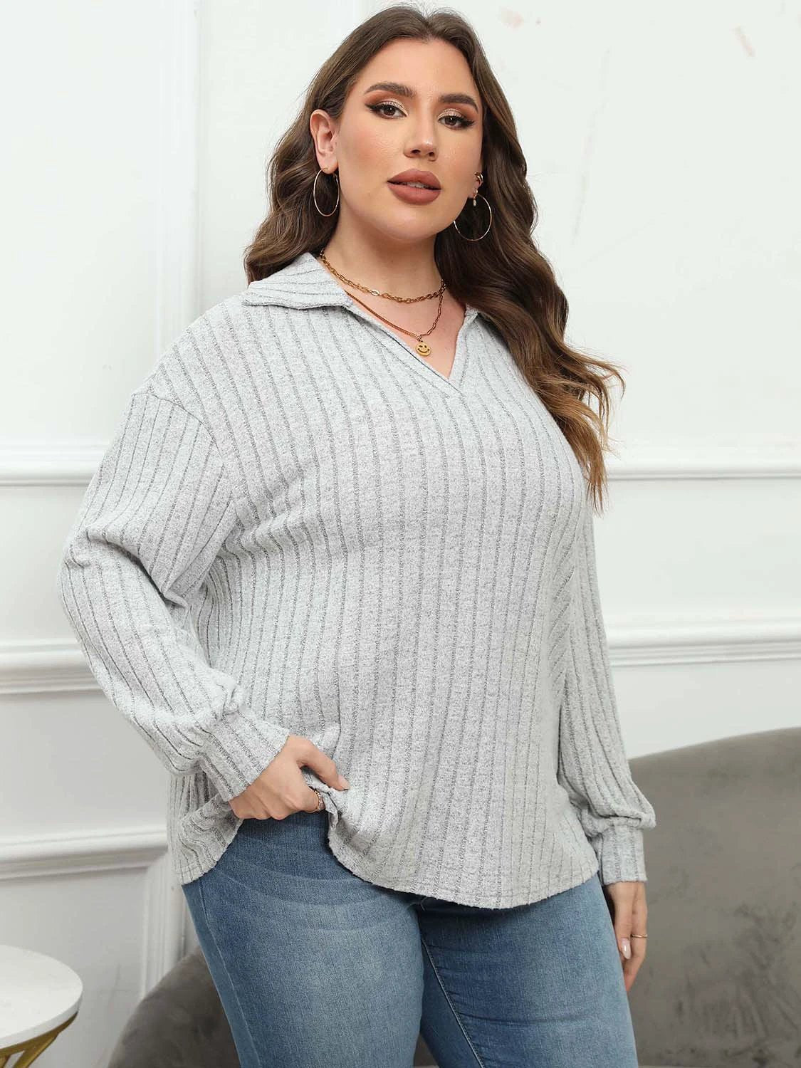 Plus Size Ribbed Collared Neck Long Sleeve Blouse by Lady Ros