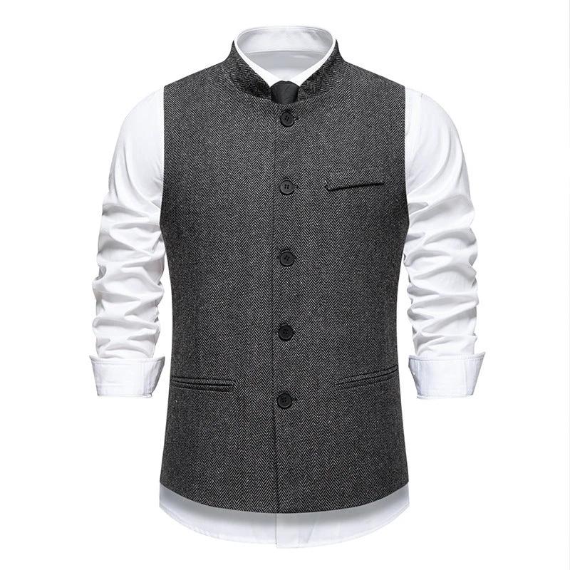 Men's Retro Stand Collar Herringbone Solid Color Suit Vest by GJG Denim