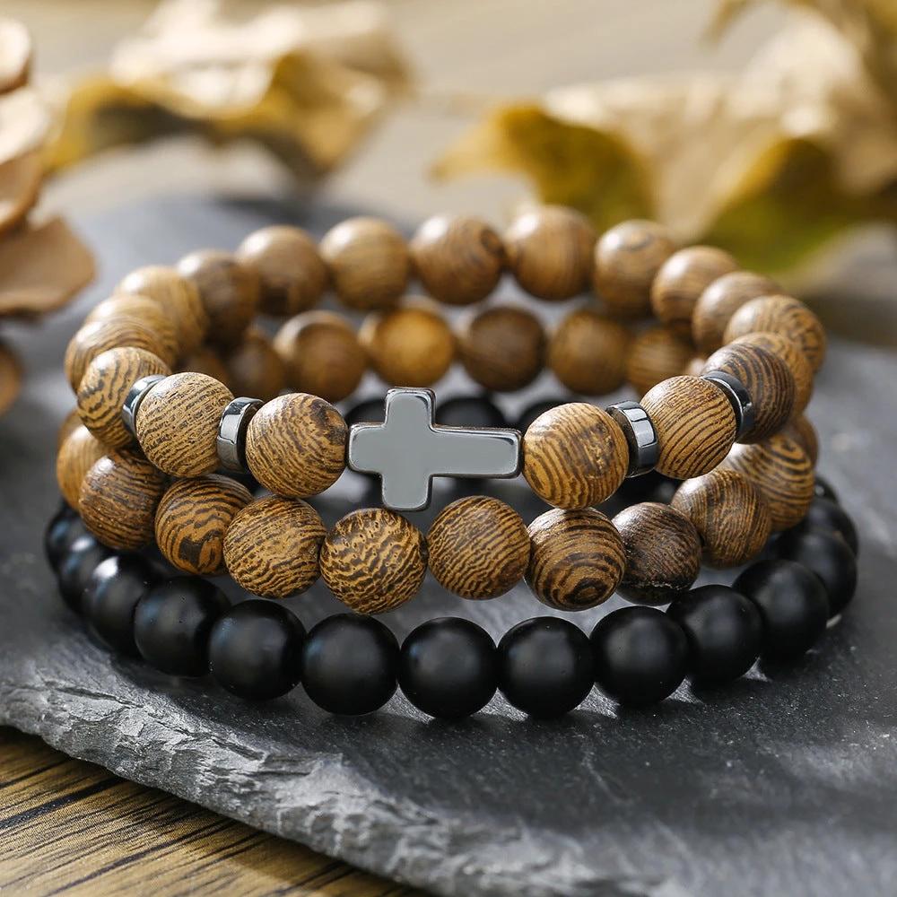 Retro Men's Coconut Wood Multi-Layer Stackable Bracelet Set by GJG Denim