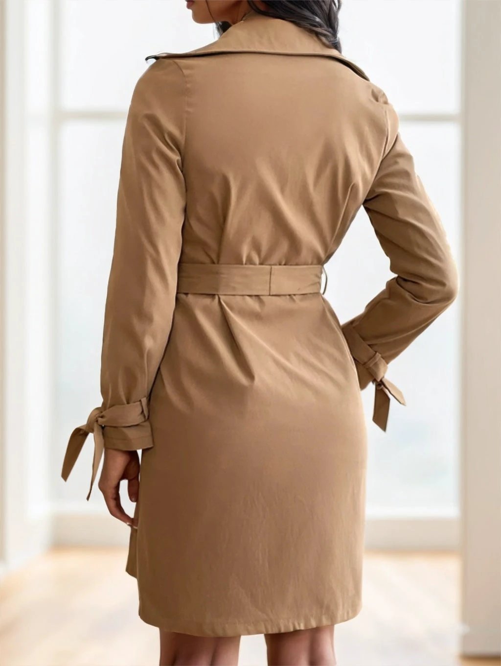 Women's Apricot Solid Color Lapel Neck Long-Sleeved Suspenders Double-Breasted by GJG Denim