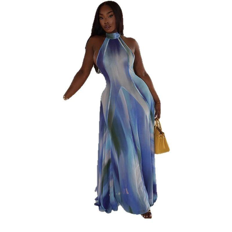 Women's Printed Gradient Color Stand Collar Long Sleeve Slim Fit Dress by GJG Denim