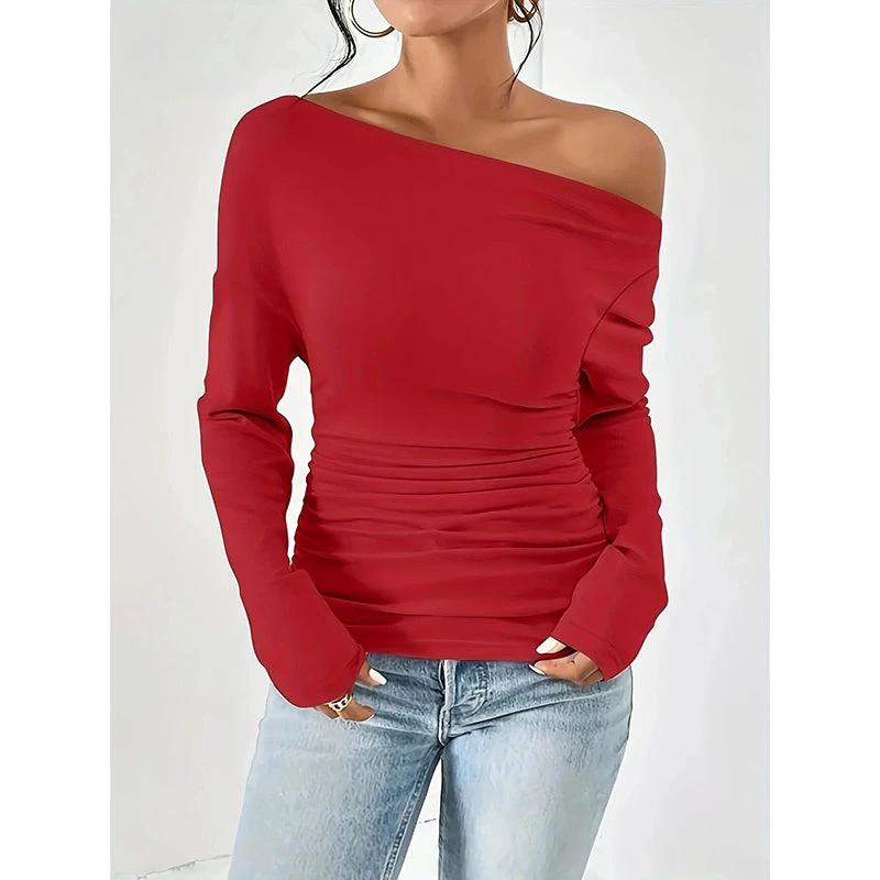 Women's Off The Shoulder Tops Long Sleeve T Shirts Going Out Tops Casual Trendy Ruched Slim Fitted Tees by GJG Denim
