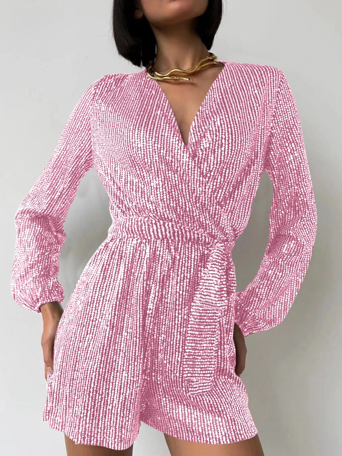 Full Size Sequin Surplice Tie Waist Long Sleeve Romper by Lady Ros