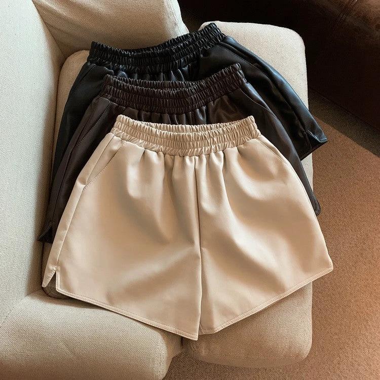 Pu Leather Shorts Women High Waist Loose Split Casual Pants by GJG Denim