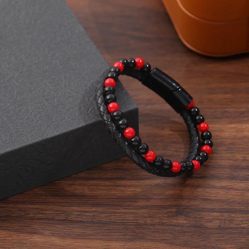 Men's Hand-woven Natural Tigereye Leather Beaded Bracelet by GJG Denim