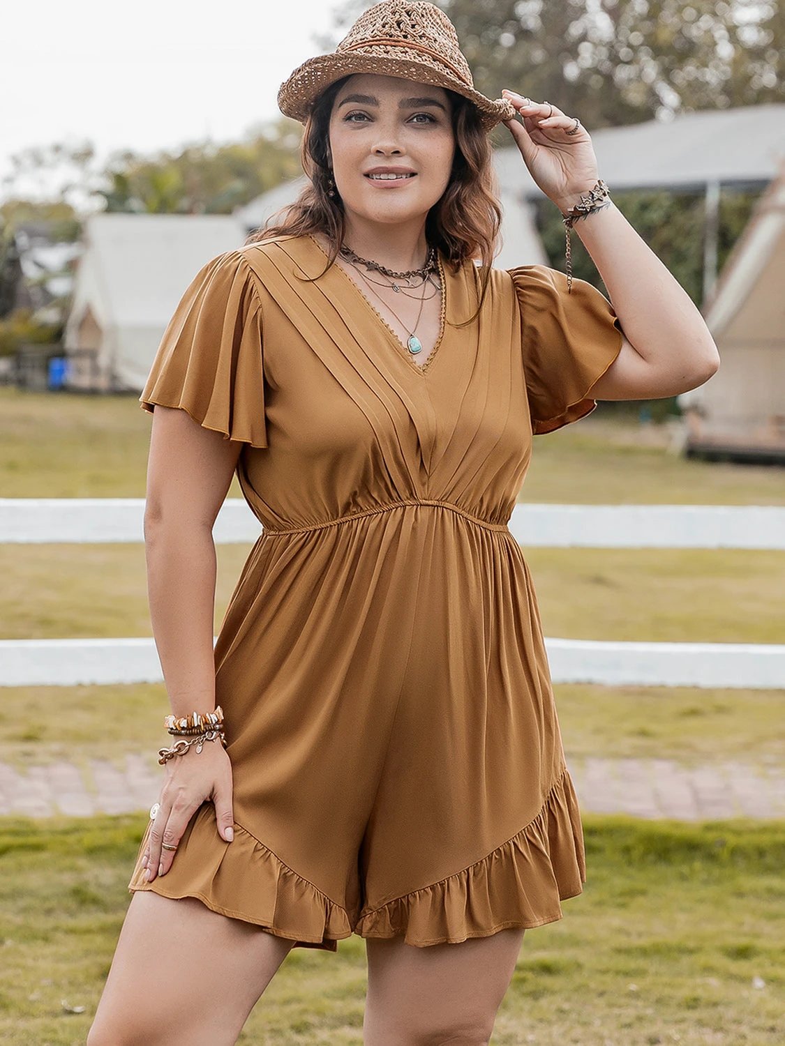 Plus Size Ruffled V-Neck Short Sleeve Romper by Lady Ros