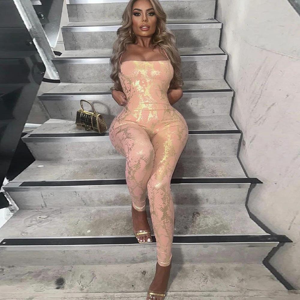 Sleeveless Backless Sexy Hot Girl Style Strap Metallic Gloss Jumpsuit by GJG Denim