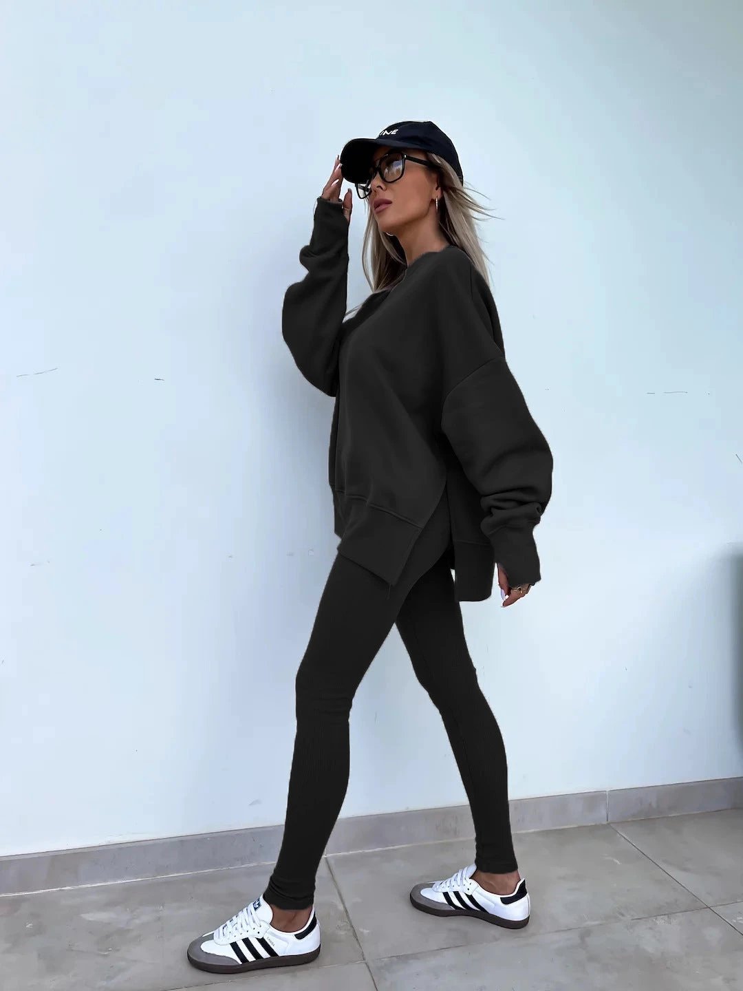 Sweater Suit Women's Casual Loose Long Sleeve Crew Neck Split Top Tight Trousers by GJG Denim
