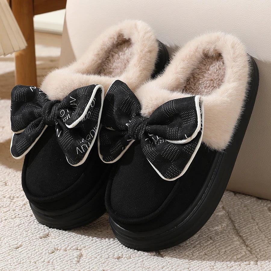 Cute Bowknot Plush Slipper Winter Warm Indoor Floor Bedroom Home Slippers For Women Fashion Thick-soled Solid House Shoes by GJG Denim