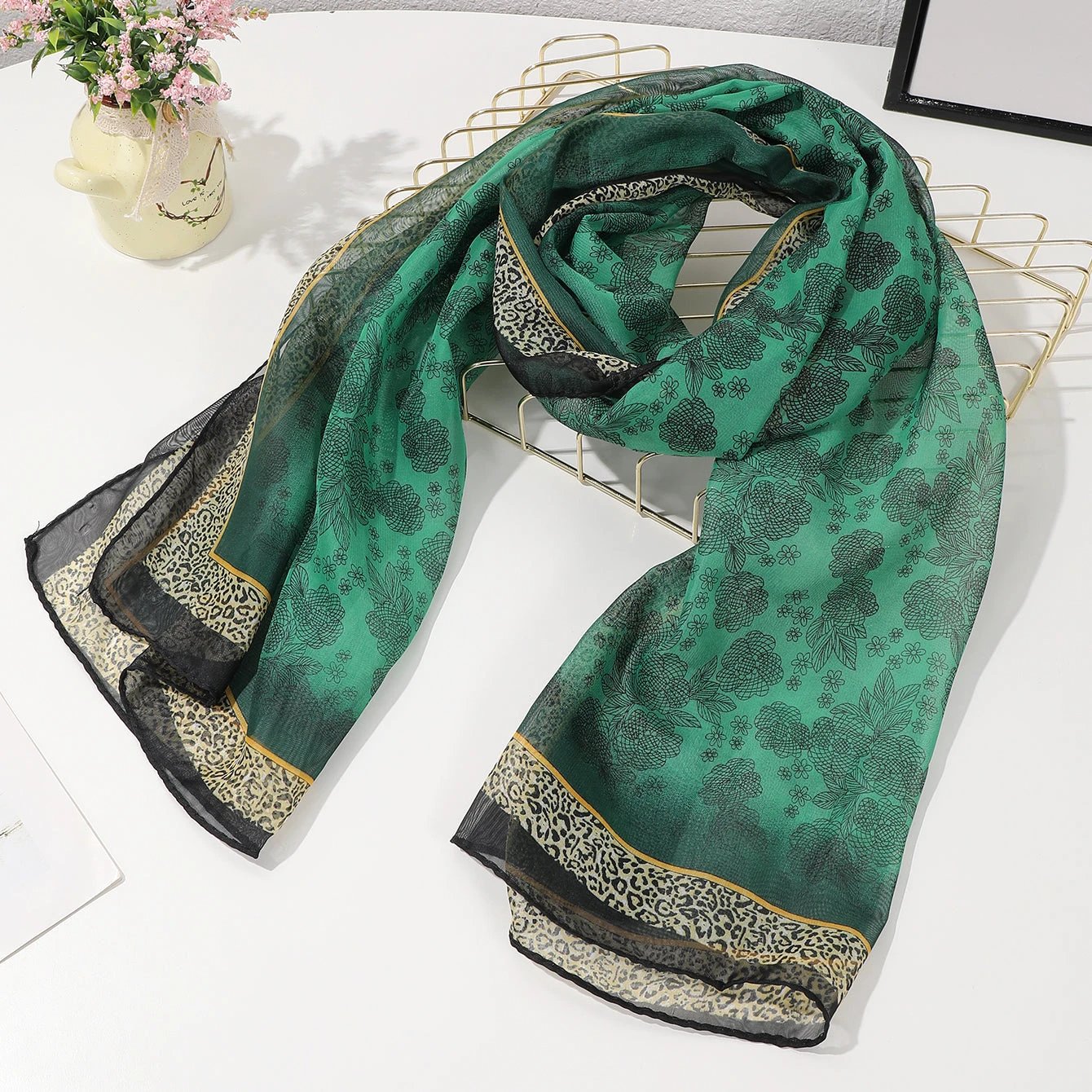 Full-patterned Flower Leopard-print Border Chiffon Soft 150-thread Scarf, Fashionable And Luxurious Style, Suitable For Daily Wear, Business Or Casual Wear In Spring And Summer. by GJG Denim