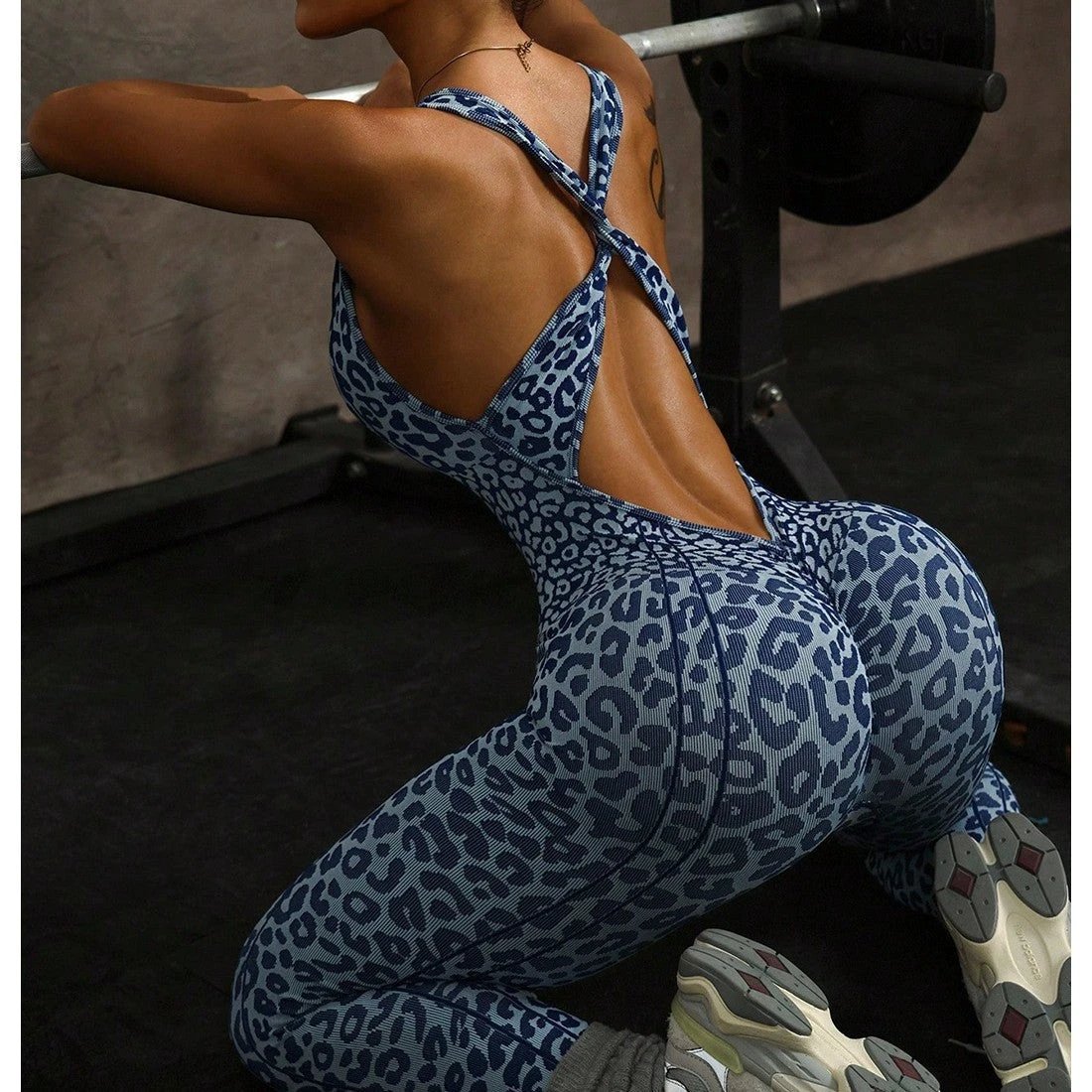 Seamless Cross-design Leopard-print Hollow-out One-piece Bodysuit by GJG Denim