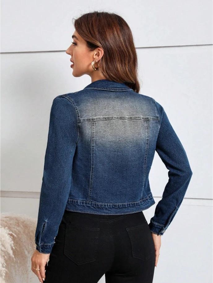 Women's Casual Distressed Cropped Denim Jacket by GJG Denim
