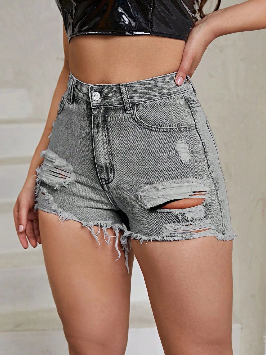 Distressed Raw Hem High Rise Denim Shorts by Lady Ros