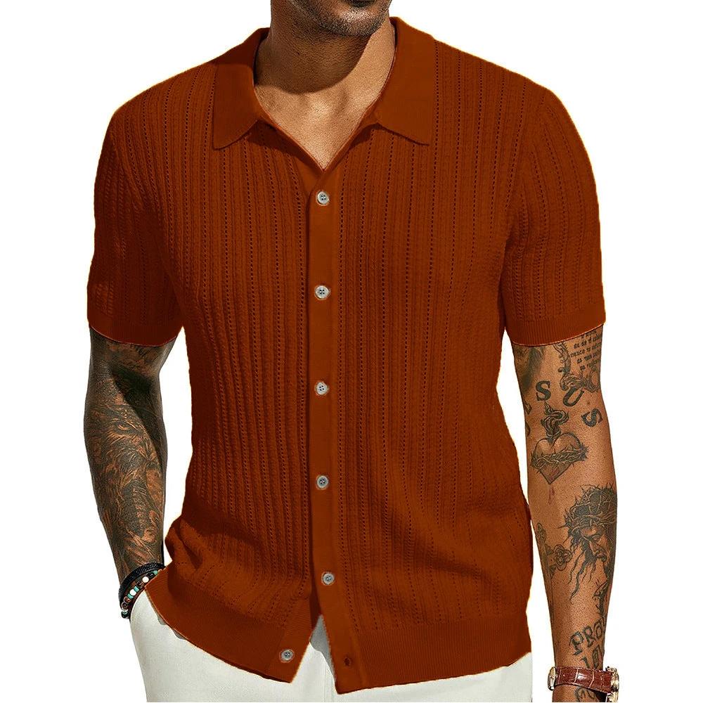 Summer Cool Knitted Men's Shirt Short Sleeved Lapel Solid Color by GJG Denim