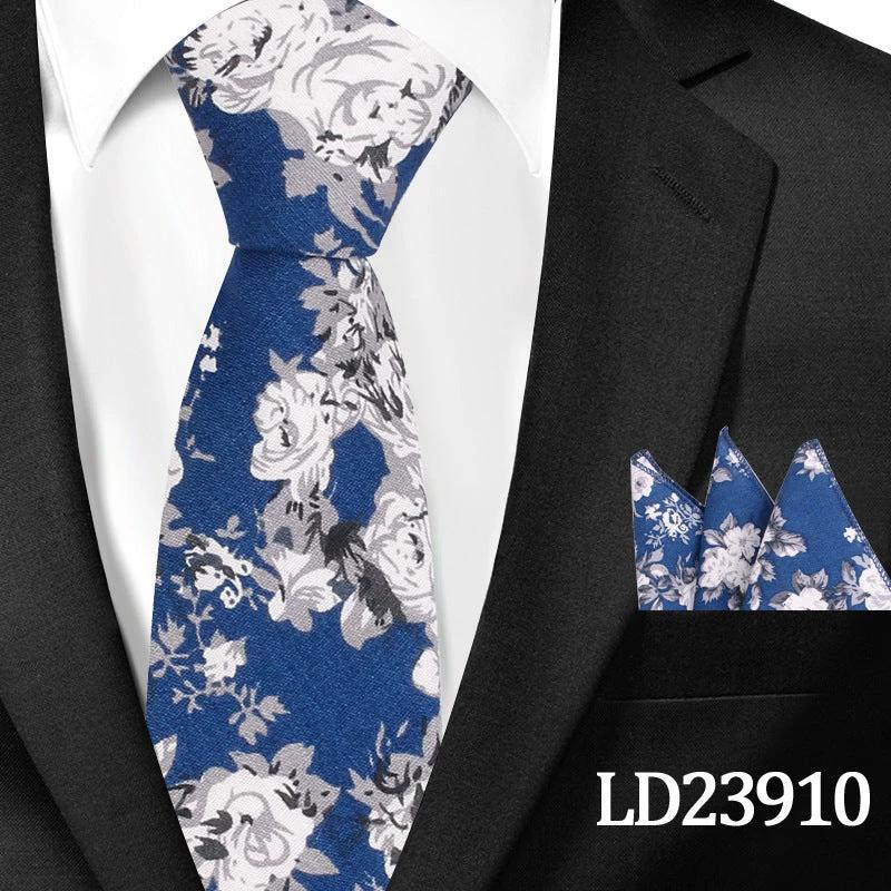 Men's Casual Cotton Floral Print 6cm Tie and Pocket Square by GJG Denim