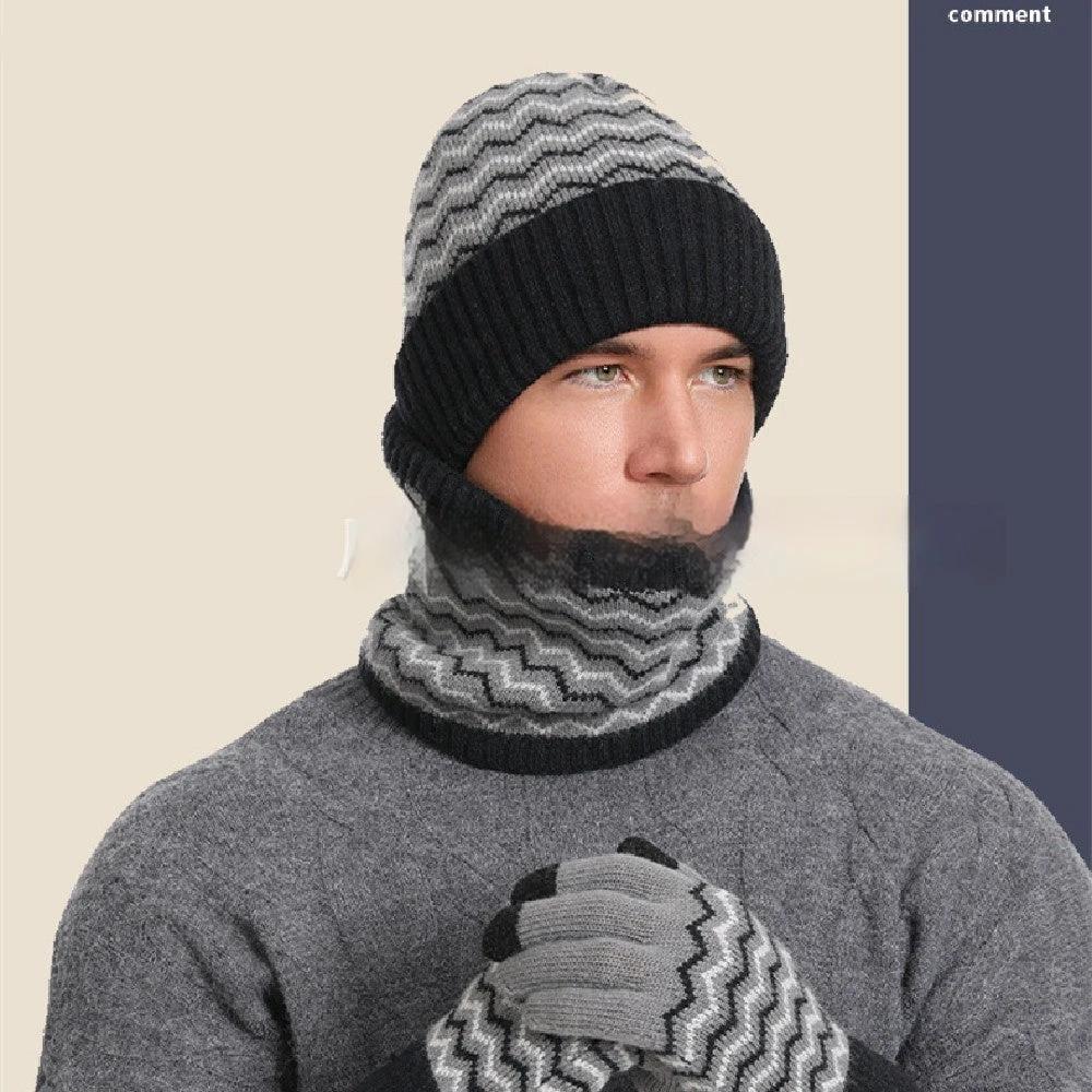 Men's Warm Cold-proof Neck Warmer, Knitted Beanie, and Knitted Gloves Set by GJG Denim