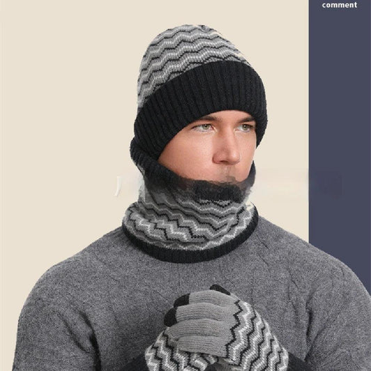 Men's Warm Cold-proof Neck Warmer, Knitted Beanie, and Knitted Gloves Set by GJG Denim