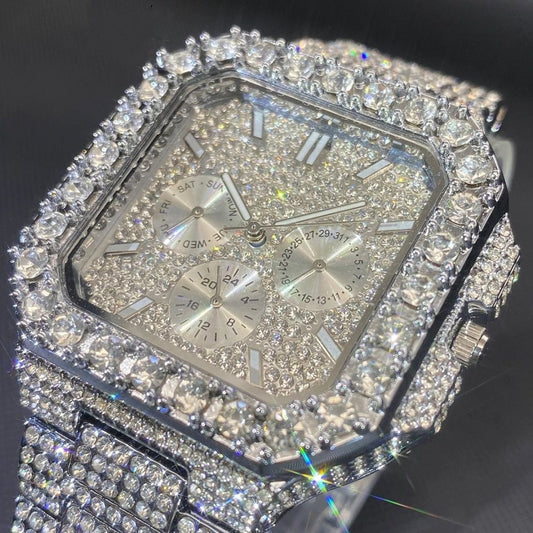 Men's Watch Square-shaped Fully Diamond-encrusted Multi-functional by GJG Denim