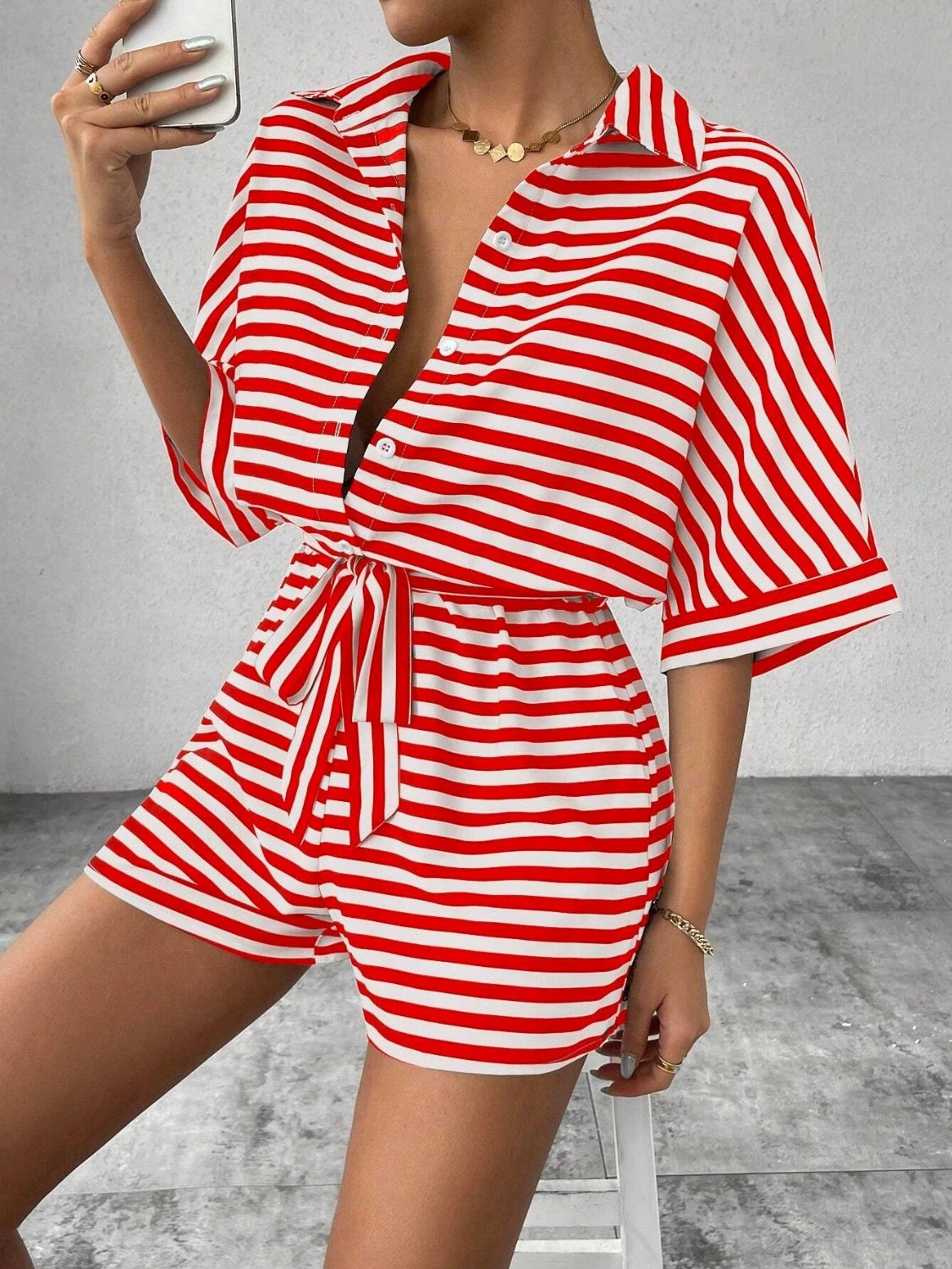 Tie Waist Half Button Striped Romper by VYSN