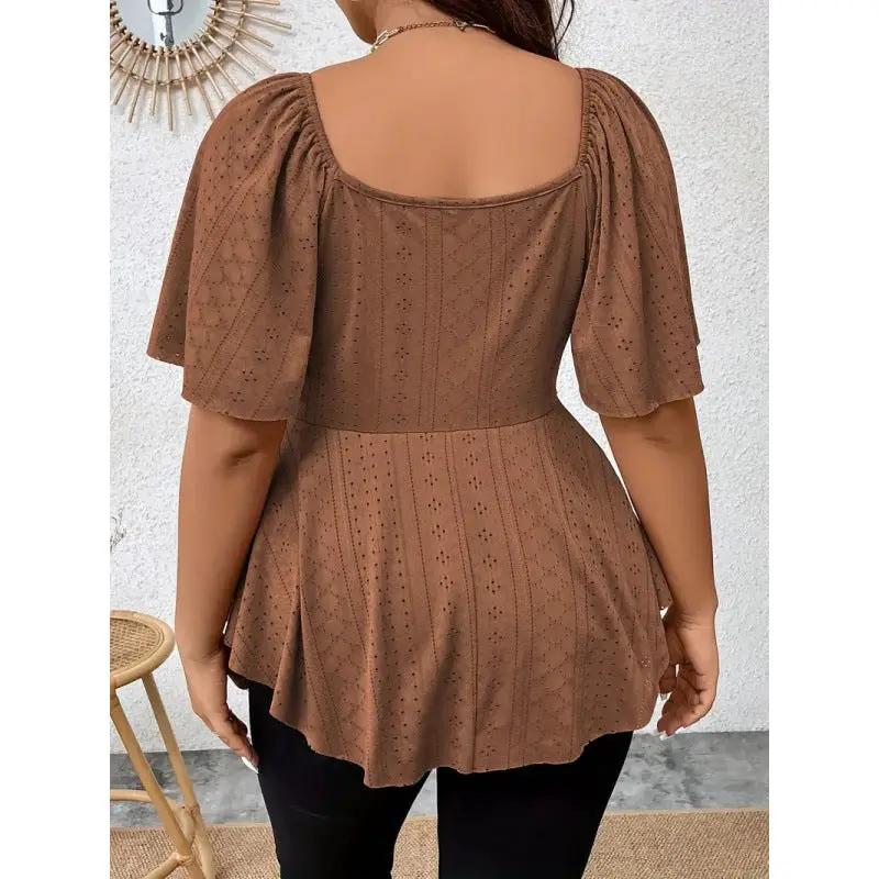 V-neck Drawstring-waist Sexy Short-sleeve Solid-color T-shirt by GJG Denim