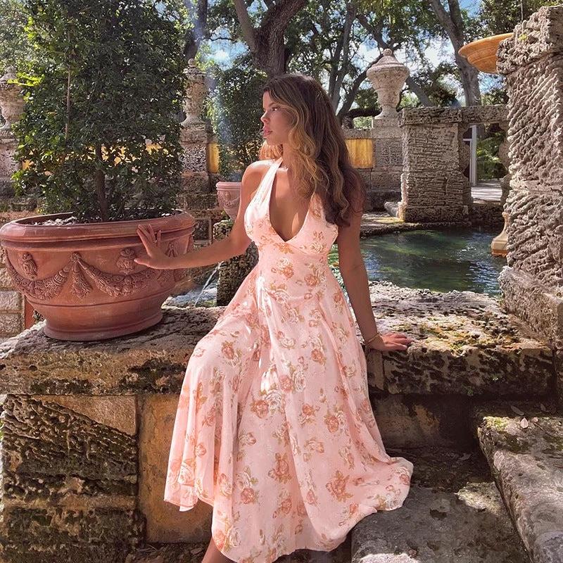 Floral Print Halter A- Line Dress Women by GJG Denim