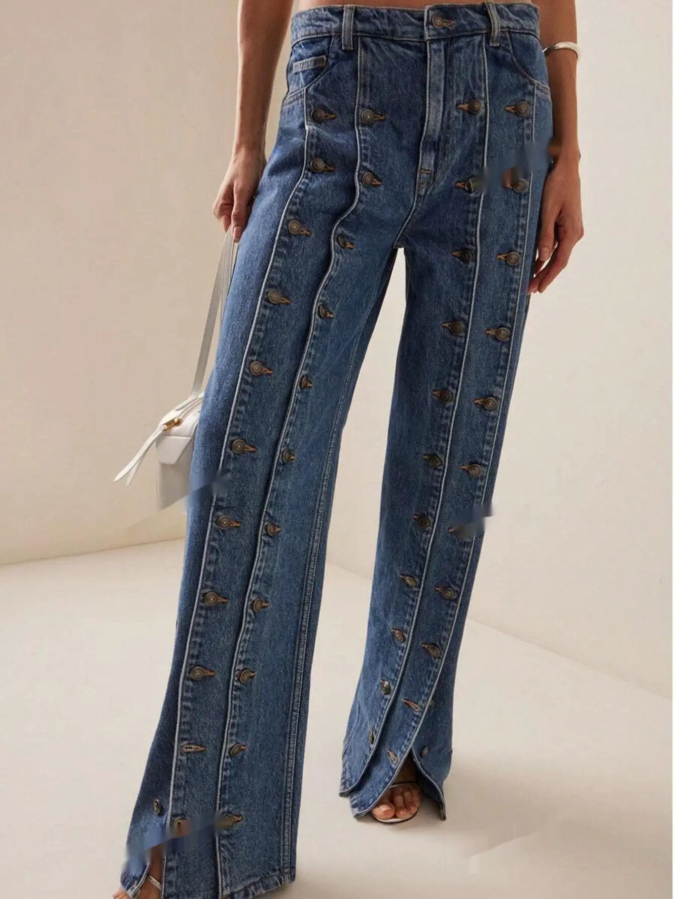 Fashionable Button-Front Slit Straight-Jeans by GJG Denim