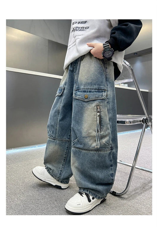 Simple And Versatile Boys' Pants Loose Cargo Jeans by GJG Denim