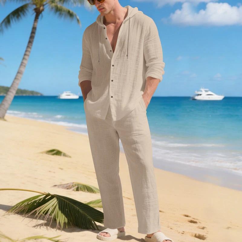 Loose, Breathable Linen Casual Hooded Long-sleeve Shirt And Pants Set by GJG Denim