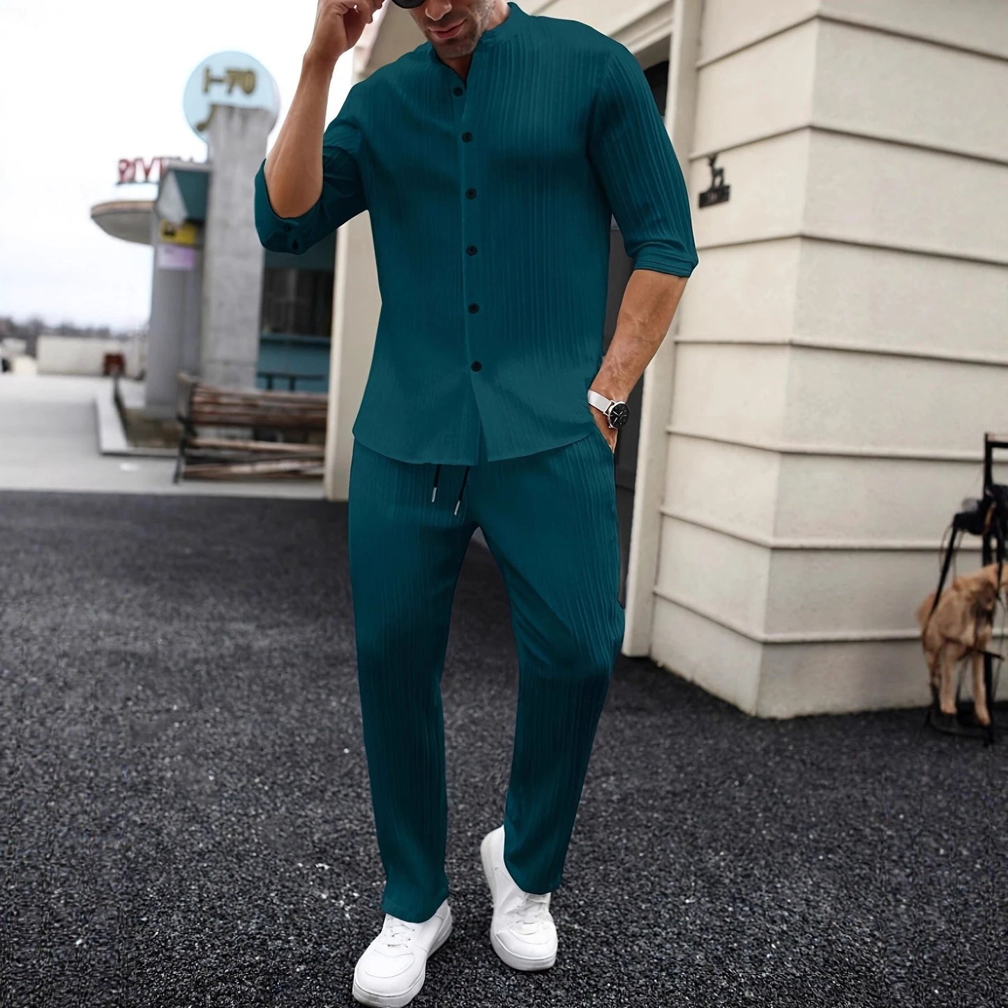 Men's Solid-Color Shirt And Pants Set by GJG Denim