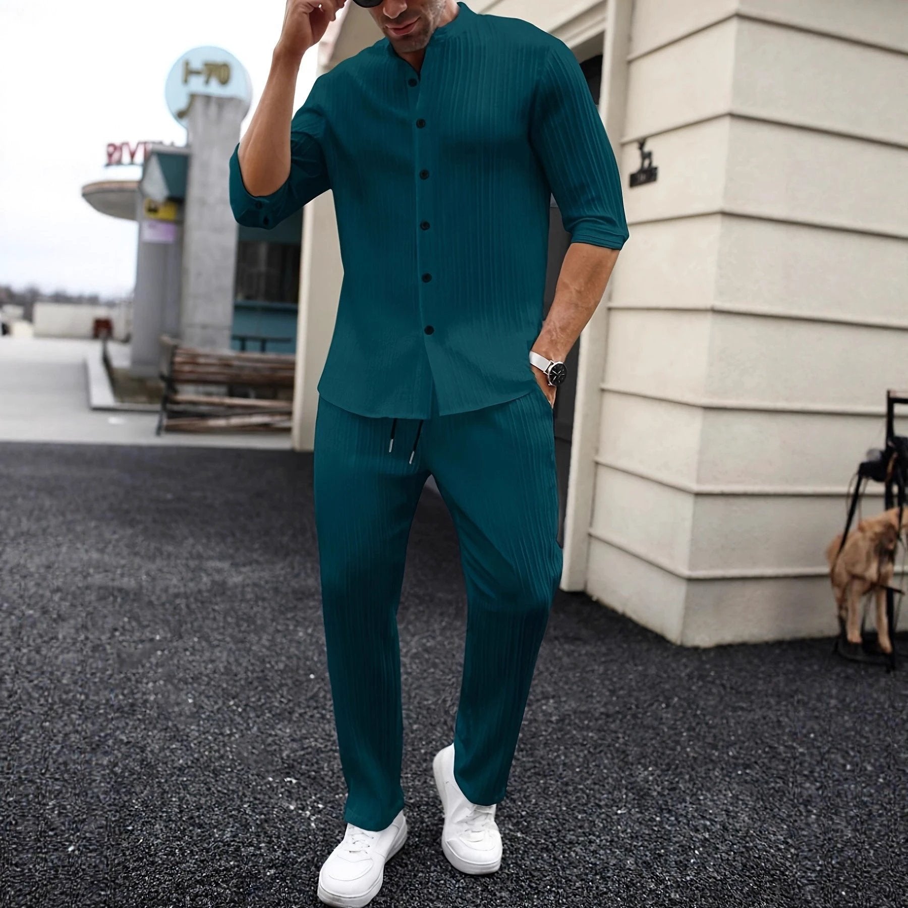 Men's Solid-Color Shirt And Pants Set by GJG Denim