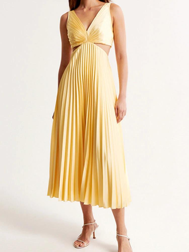 Ins Suspender Pleated Long Dress With Hollow-waisted Design Fashion V-neck Backless Dresses Summer Women's Clothing by GJG Denim