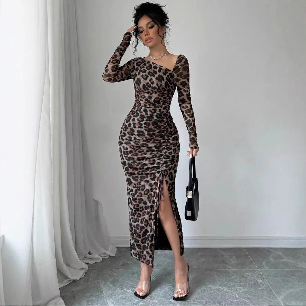 New Women's irregular V-Neck Long Sleeve Sexy Leopard Print Dress by GJG Denim