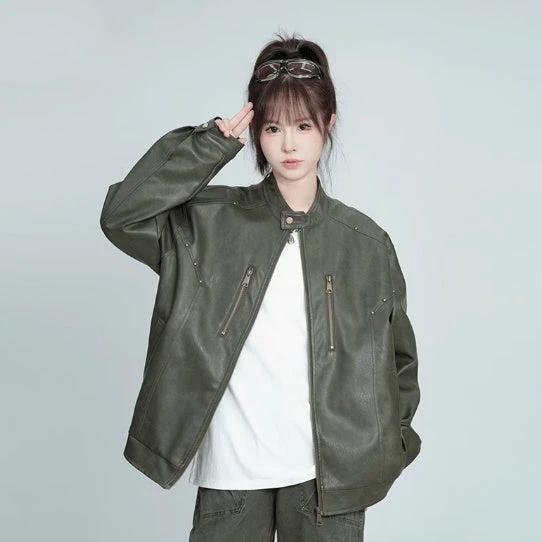 Spring And Autumn American Pu Shuai Street Rivet Retro Distressed Leather Jacket by GJG Denim