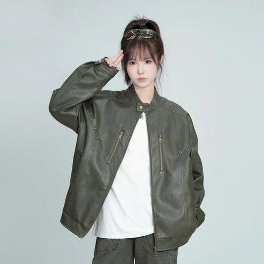 Spring And Autumn American Pu Shuai Street Rivet Retro Distressed Leather Jacket by GJG Denim