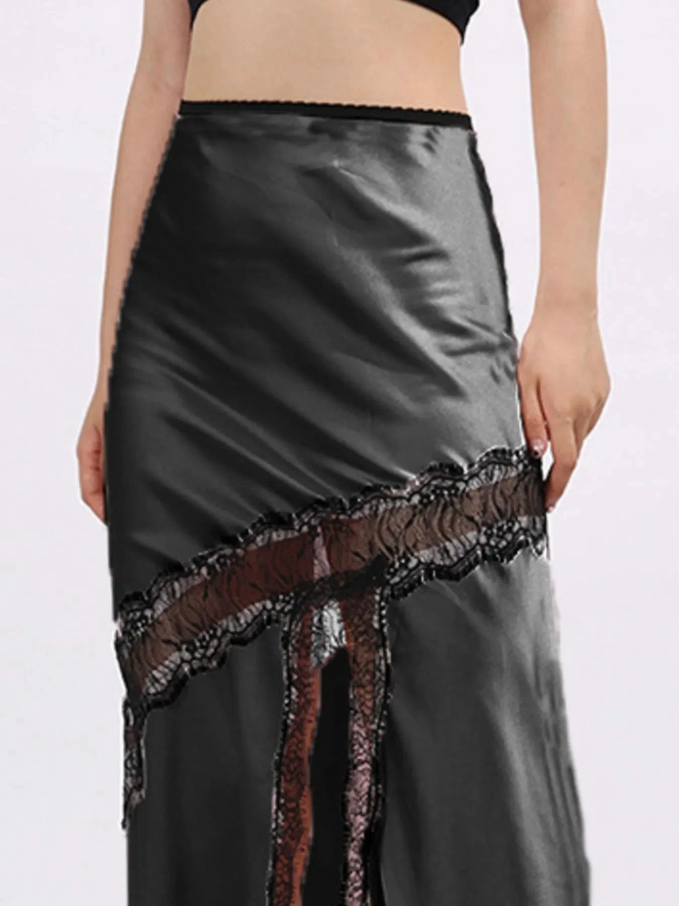 Lace Trim Asymmetrical Midi Skirt by Lady Ros