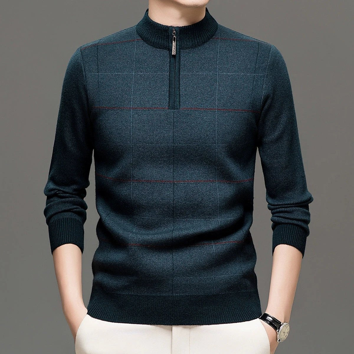 Men's Stylish Plaid Quarter-zip Knit Sweater by GJG Denim