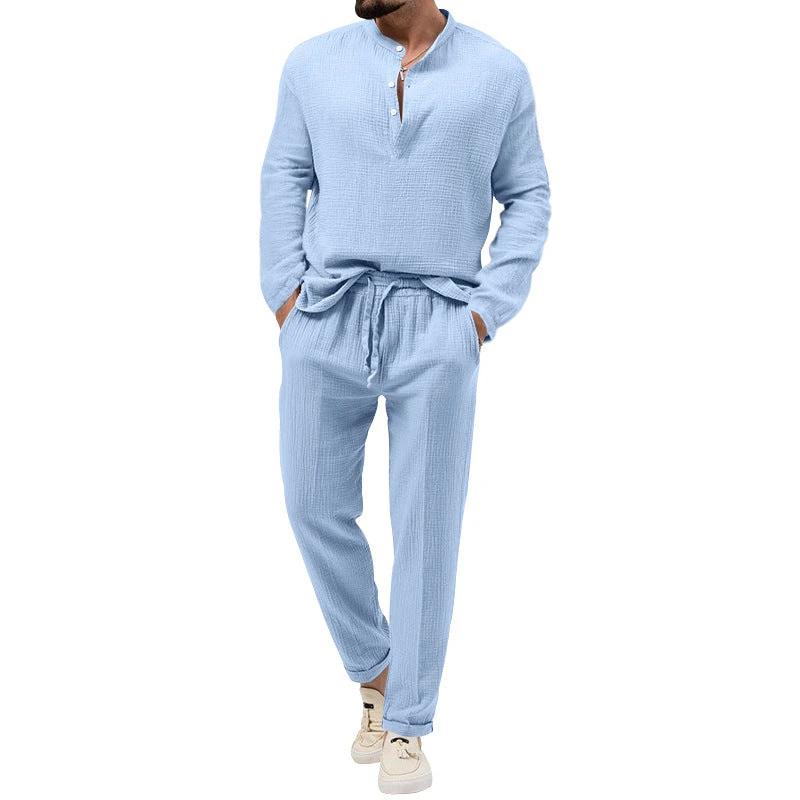 Solid Color Casual T-shirt Long Sleeve Shirt Pants Suit by GJG Denim