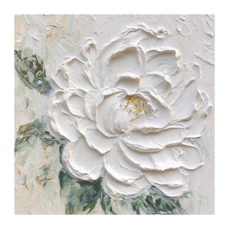 Cream Wind White Peony Flower Thick Texture Hand Drawn Oil Painting Hanging Painting by GJG Denim