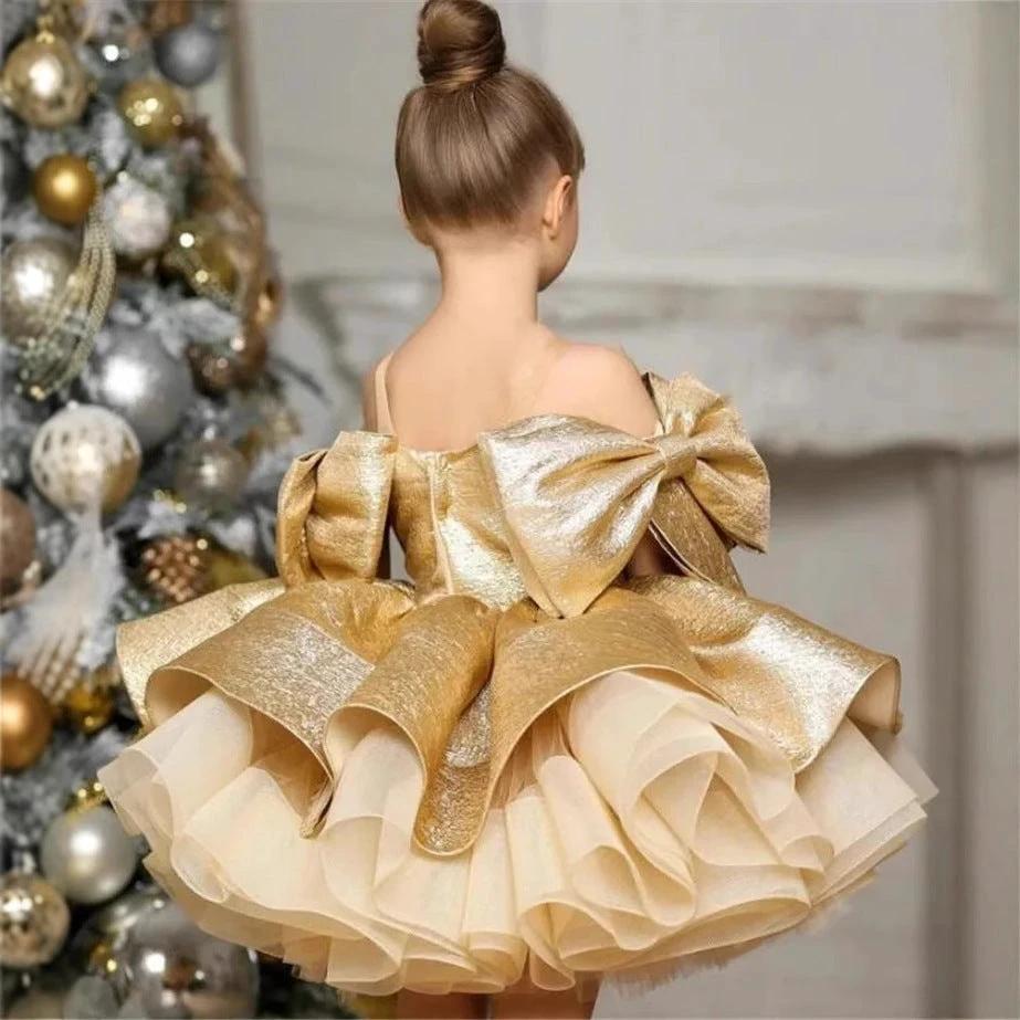 New Gold Satin One Year Old Celebration Dress Western Style Baby Girl Princess Dress by GJG Denim