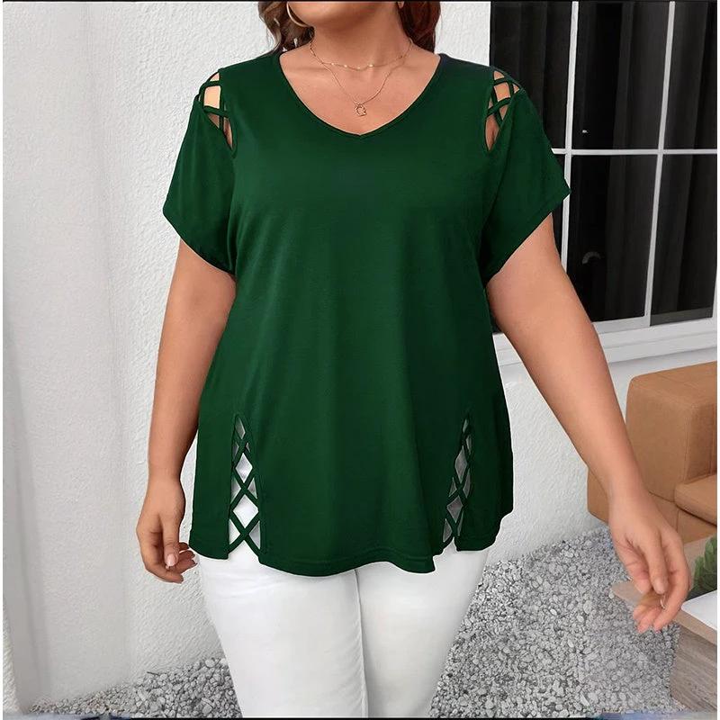 Women's Plus Size Criss Cross Short Sleeve V Neck T-Shirt Tops by GJG Denim