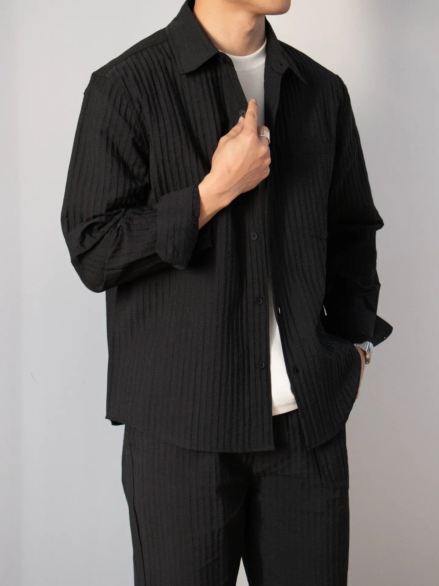 Japanese-style Wood-grain Textured Shirt Set by GJG Denim