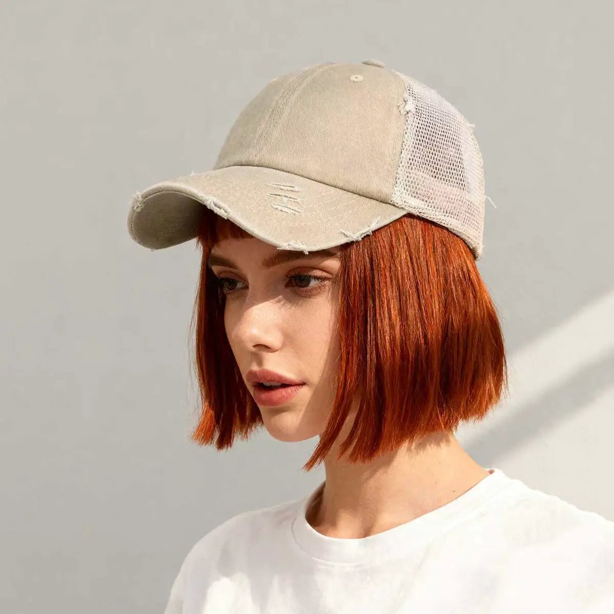 Solid-color, Frayed, Washed-out, Distressed, Mesh-patterned Cap - A Trendy, Youthful, Versatile Baseball Cap That Suits Both Daily Commuting And Outdoor Activities. by GJG Denim