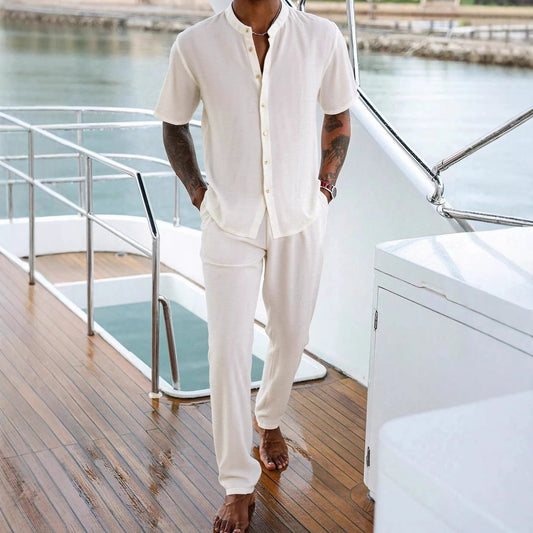 Men's Stand-Up Collar Breathable Shirt And Loose-Fitting Pants Set by GJG Denim