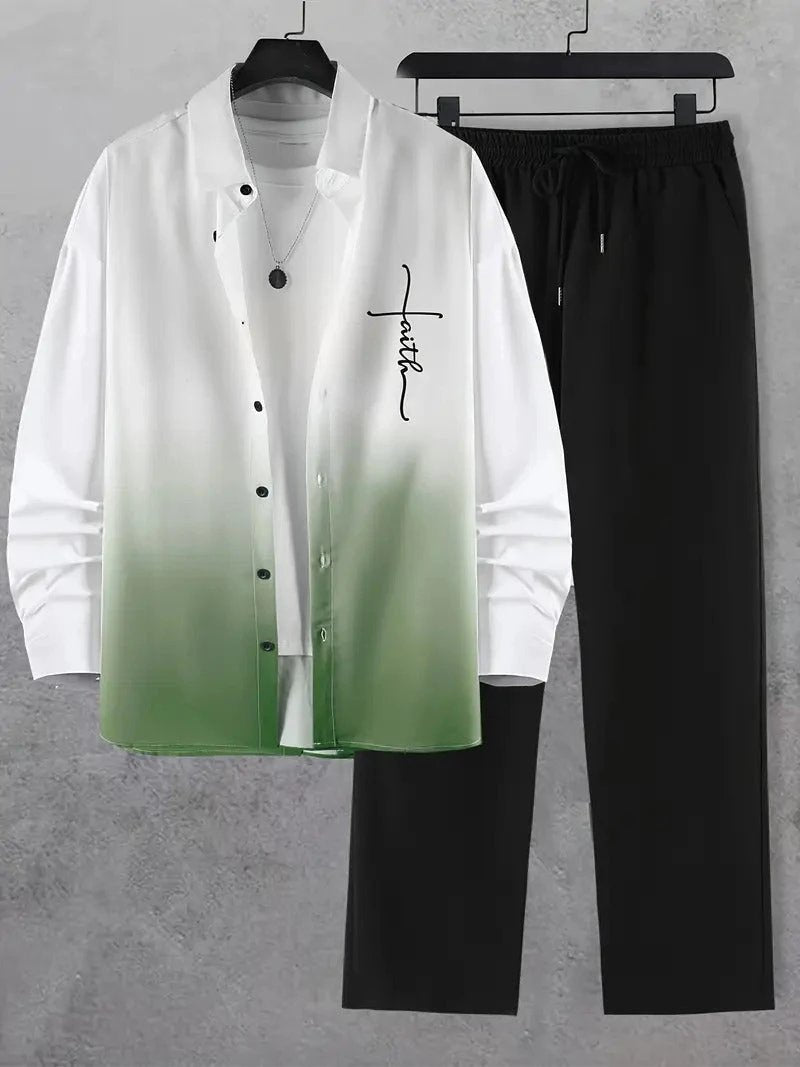 Fashion Trend Color Gradient Long Sleeve Shirt Trousers Suit by GJG Denim