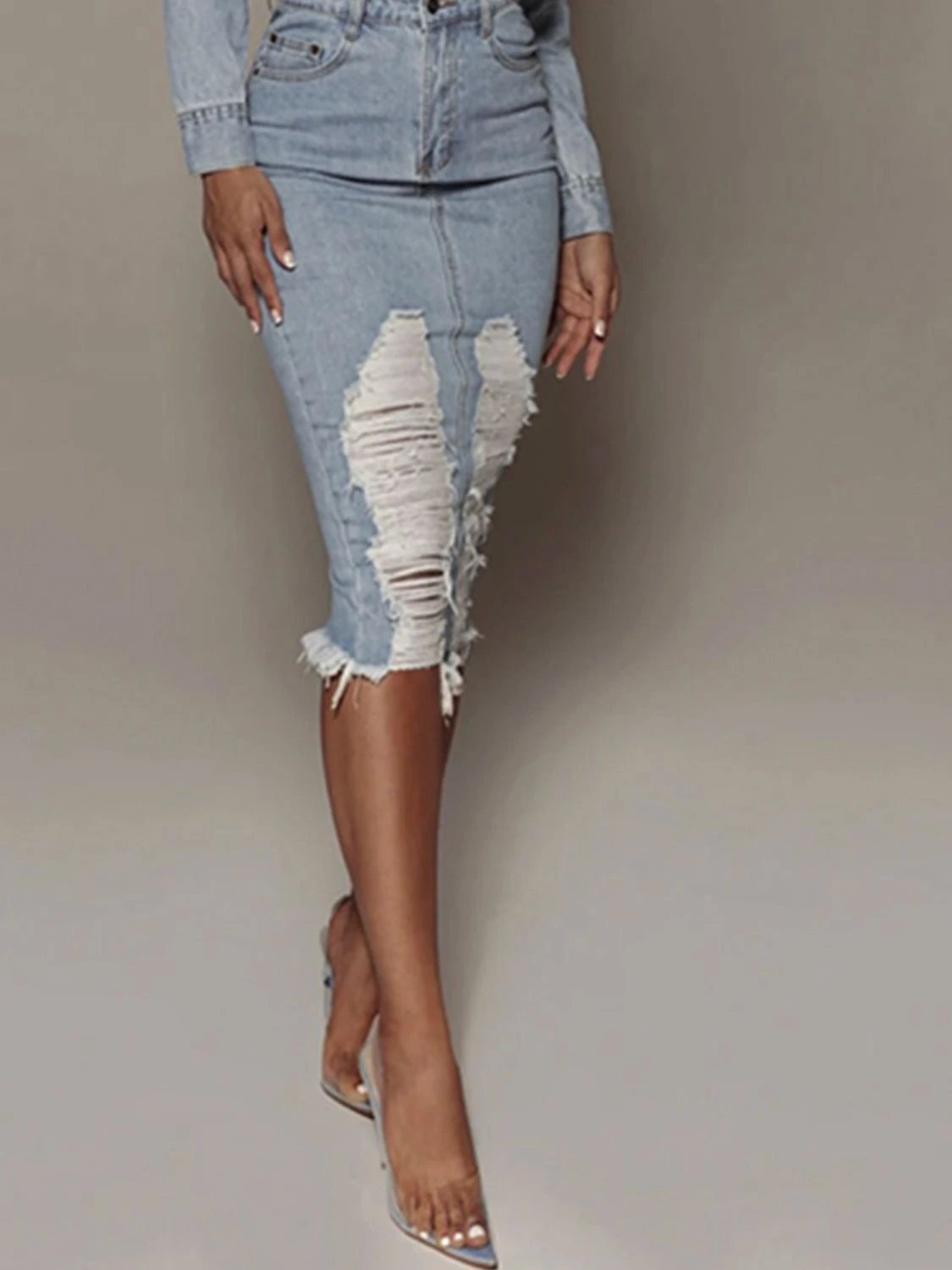 Distressed Slit Denim Skirt by Lady Ros