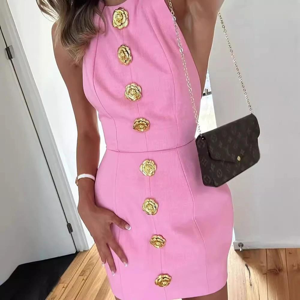 Sweet Sleeveless Backless Dress With Rose Button Design Summer Street Fashion Dresses Womens Clothing by GJG Denim