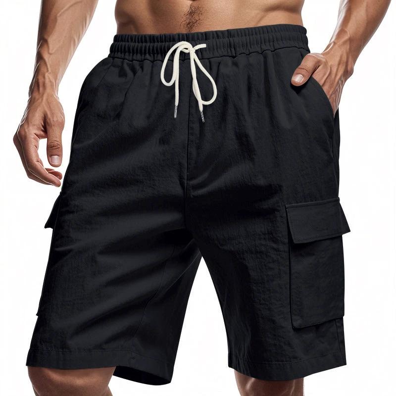 Loose Sports And Leisure Solid Color Linen Drawstring Shorts by GJG Denim