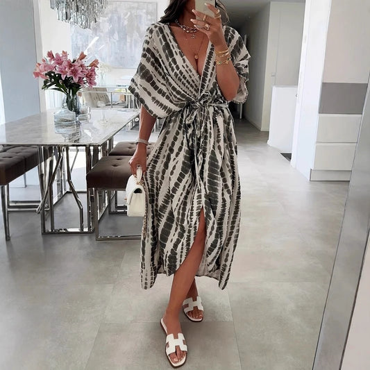 Tie-dye Pattern Printed Beach Cover-up Coat Robe Dress by GJG Denim